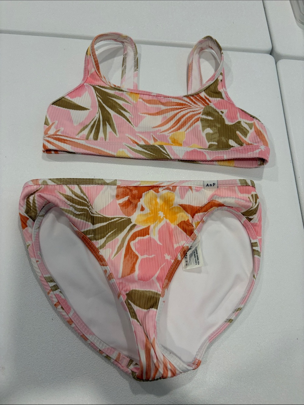 abercrombie kids Pink Tropical Ribbed Two-Piece Swim Set